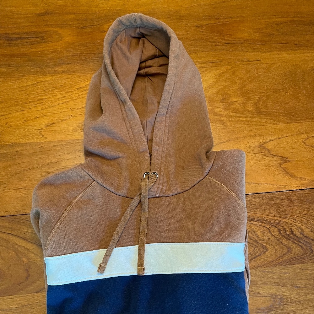 Goodfellow & Co. Hooded Sweatshirt - Large - Brown w/ White & Blue Stripe